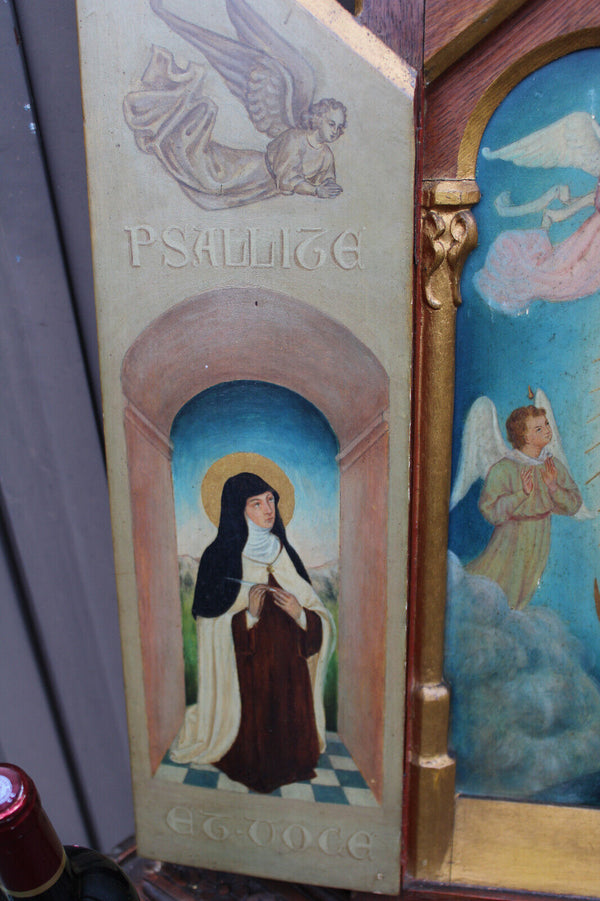 Antique Religious triptych painting coronation mary angels saint rare wood frame