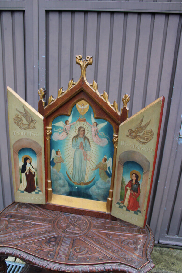 Antique Religious triptych painting coronation mary angels saint rare wood frame