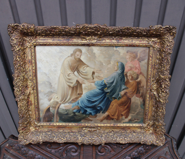 Flemish school oil canvas religious painting assumption of mary angels god