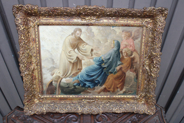 Flemish school oil canvas religious painting assumption of mary angels god