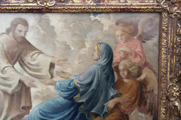 Flemish school oil canvas religious painting assumption of mary angels god