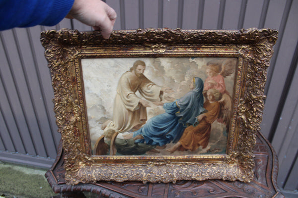 Flemish school oil canvas religious painting assumption of mary angels god