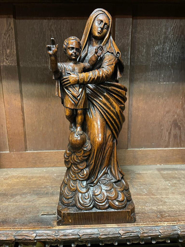Antique wood carved 1800s maonna child statue figurine religious