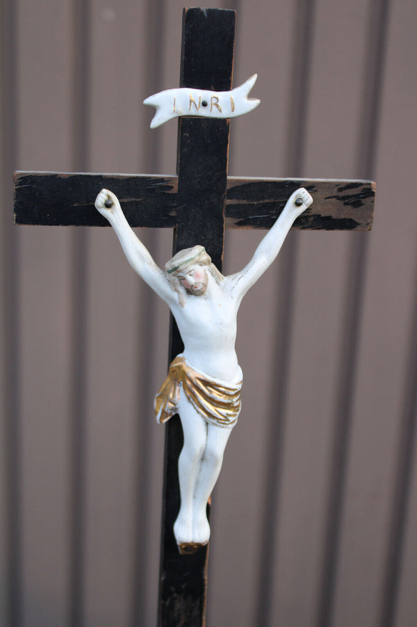 Antique french vieux paris porcelain calvary crucifix holy water font 19thc