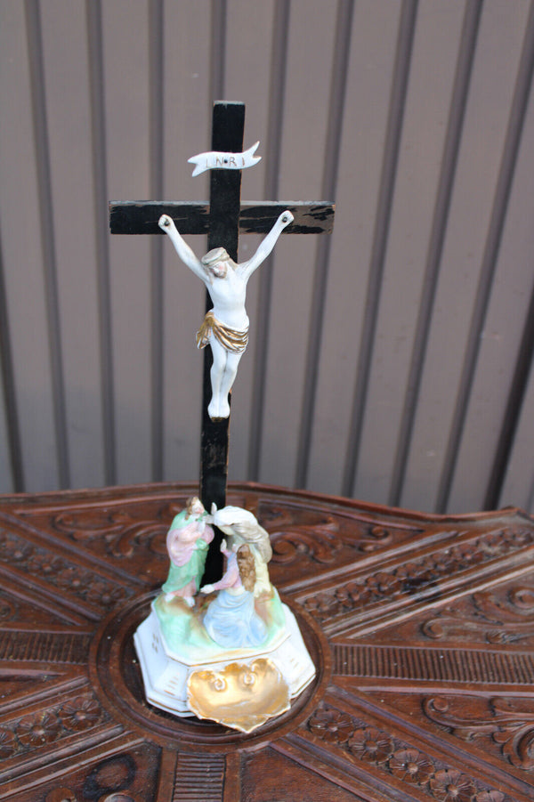 Antique french vieux paris porcelain calvary crucifix holy water font 19thc