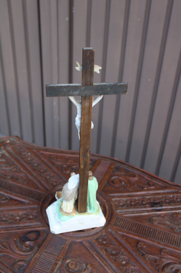 Antique french vieux paris porcelain calvary crucifix holy water font 19thc