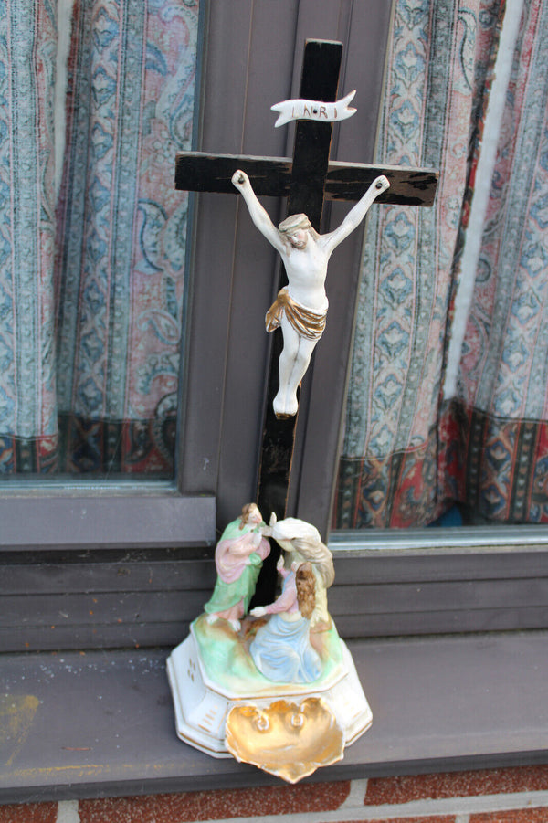 Antique french vieux paris porcelain calvary crucifix holy water font 19thc