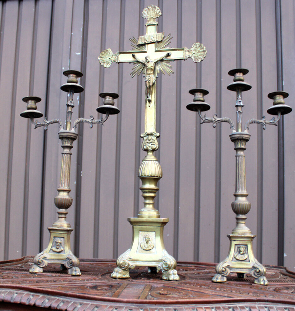 Antique bronze altar church candle holders crucifix set religious rare