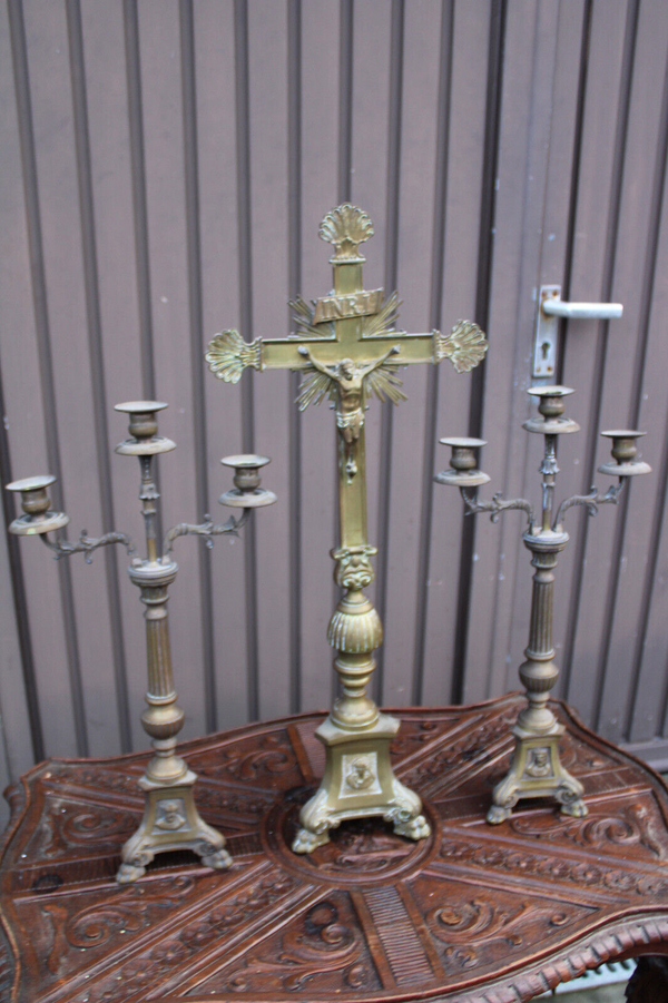 Antique bronze altar church candle holders crucifix set religious rare