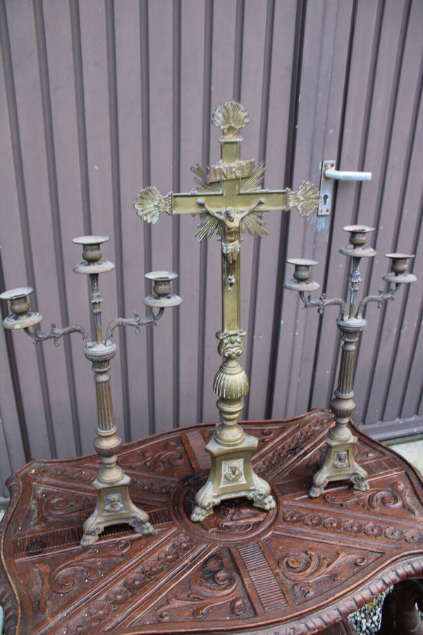 Antique bronze altar church candle holders crucifix set religious rare