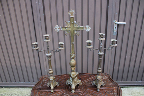 Antique bronze altar church candle holders crucifix set religious rare