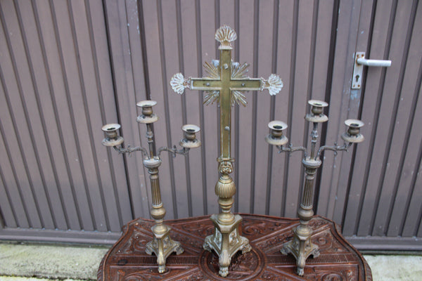 Antique bronze altar church candle holders crucifix set religious rare