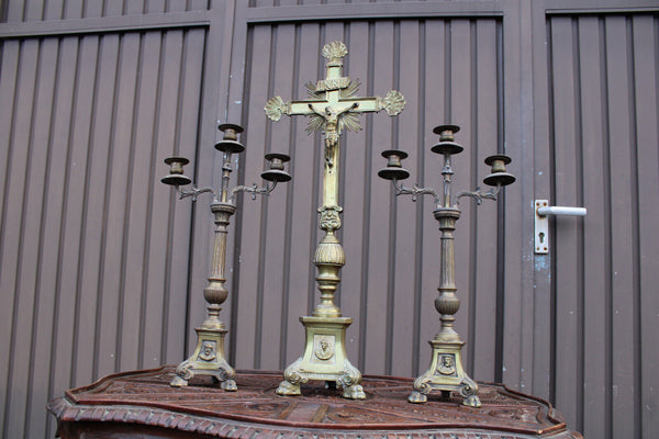 Antique bronze altar church candle holders crucifix set religious rare