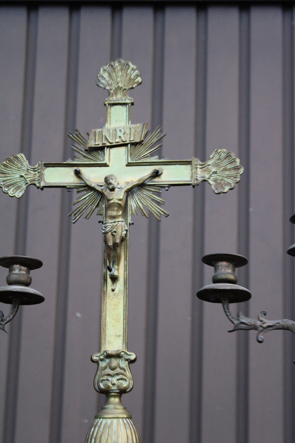 Antique bronze altar church candle holders crucifix set religious rare