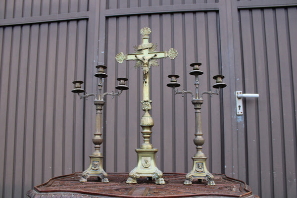 Antique bronze altar church candle holders crucifix set religious rare