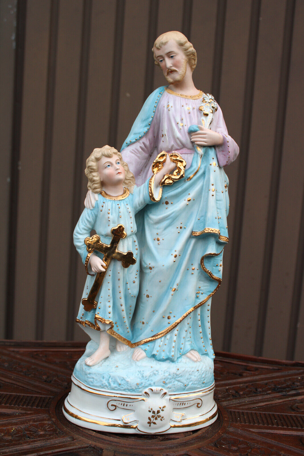 Antique german porcelain bisque saint joseph jesus statue figurine