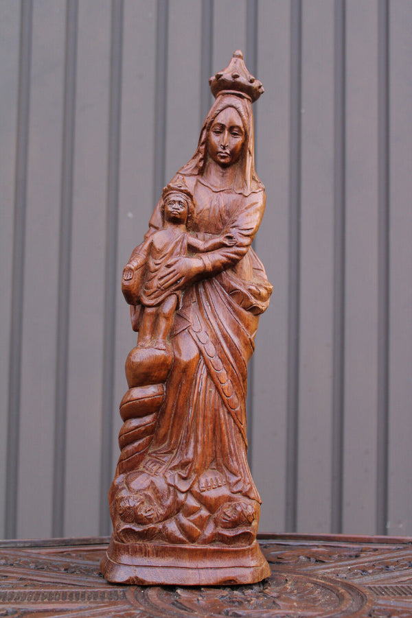 Antique wood carved madonna child figurine statue religious