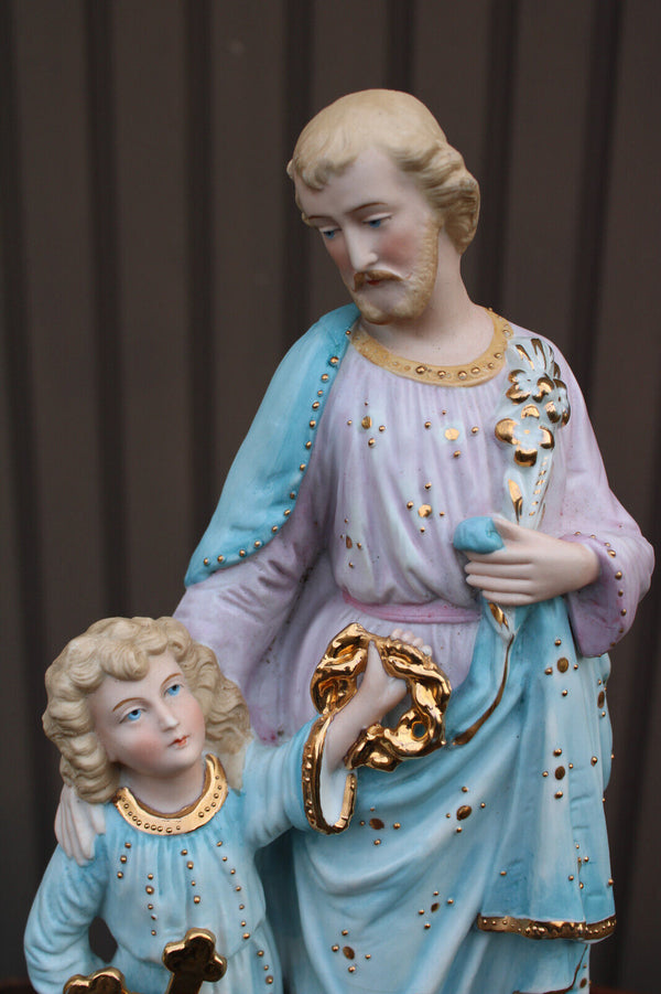 Antique german porcelain bisque saint joseph jesus statue figurine