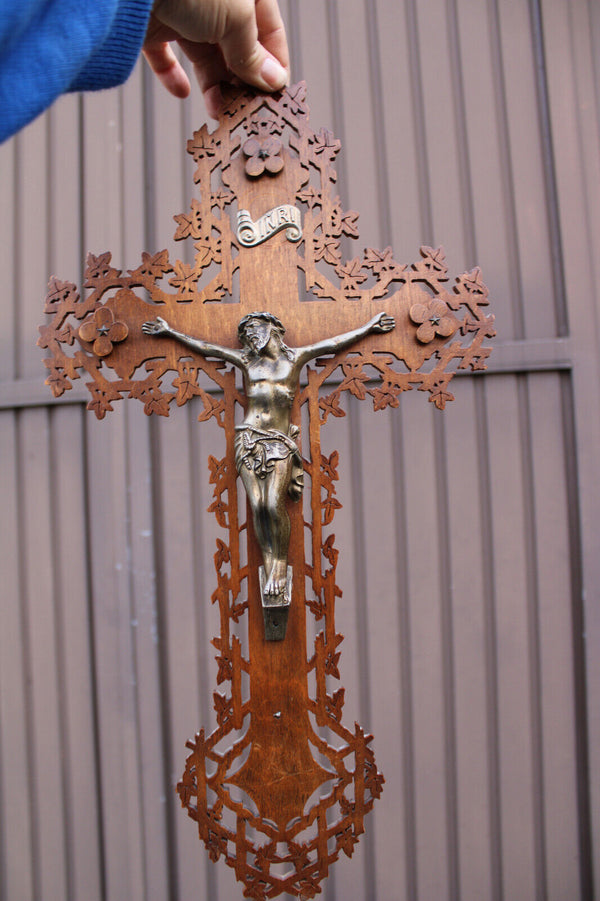 Antique french wood cut wall crucifix cross metal corpus