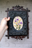 Antique black forest wood key cabinet wall embroidery floral decor rare