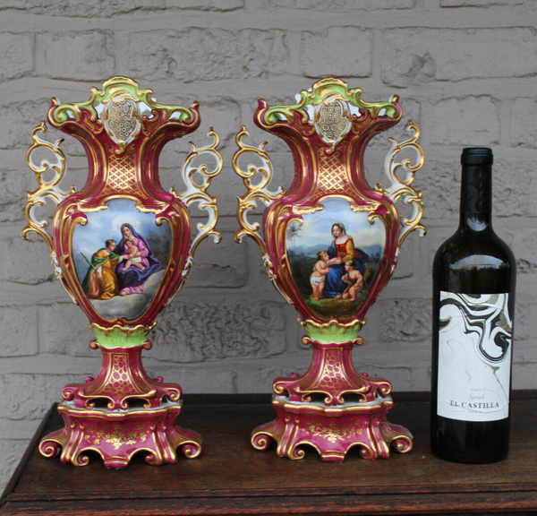 Antique pair vieux paris porcelain hand paint religious madonna jesus vases rare