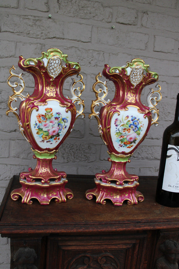 Antique pair vieux paris porcelain hand paint religious madonna jesus vases rare