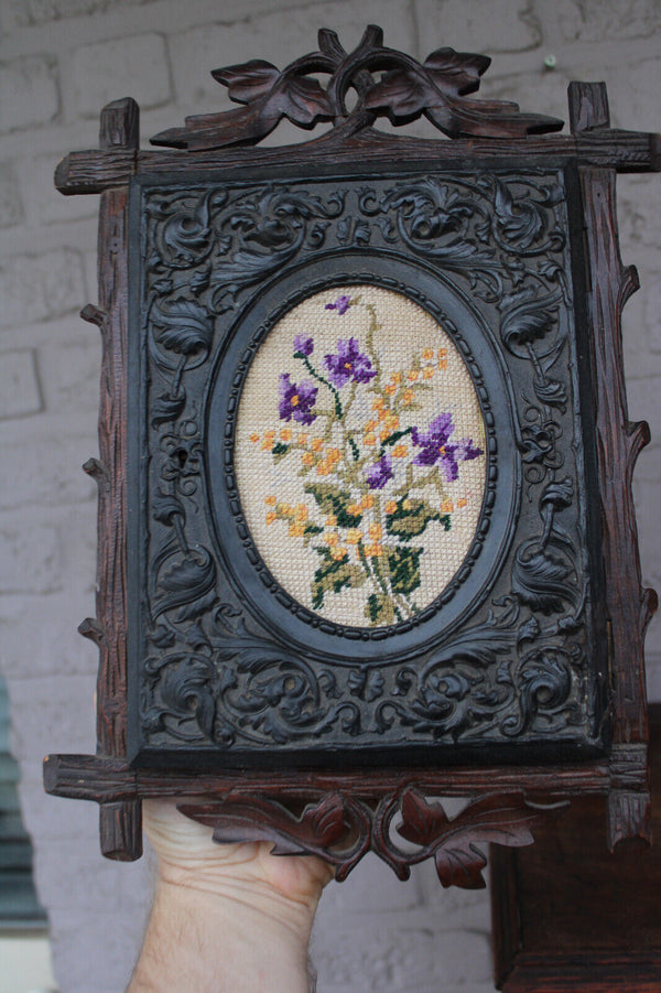 Antique black forest wood key cabinet wall embroidery floral decor rare