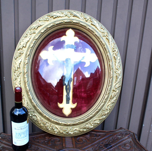 XL French 19thc ceramic chalk gold frame with crucifix behind globe red velvet