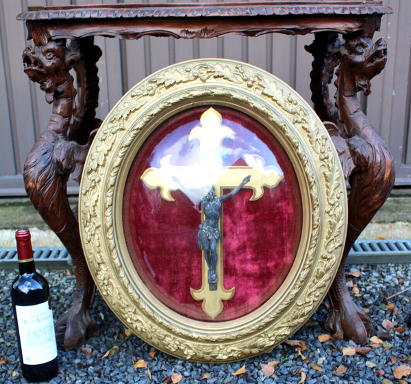 XL French 19thc ceramic chalk gold frame with crucifix behind globe red velvet