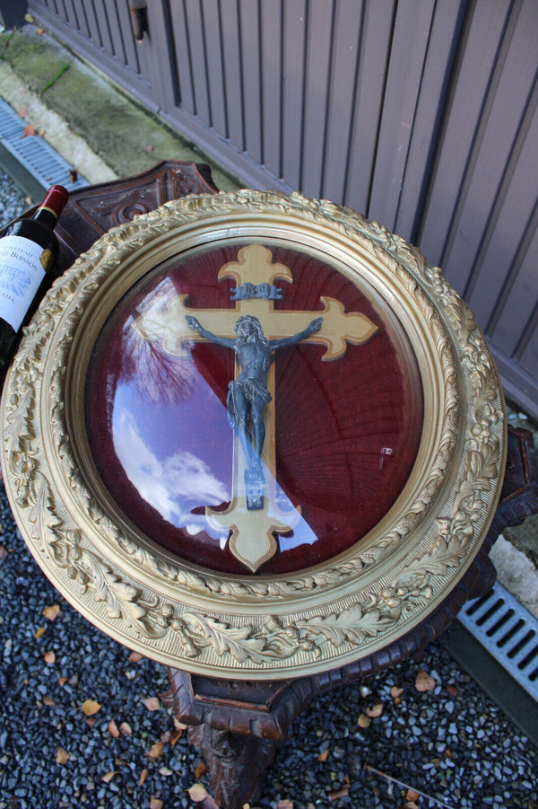 XL French 19thc ceramic chalk gold frame with crucifix behind globe red velvet