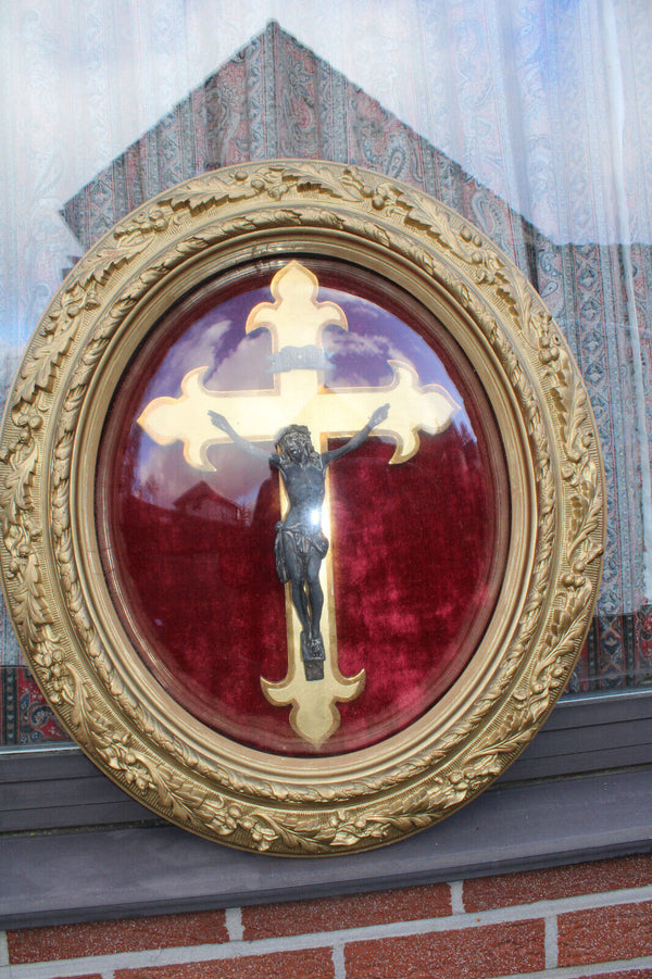 XL French 19thc ceramic chalk gold frame with crucifix behind globe red velvet