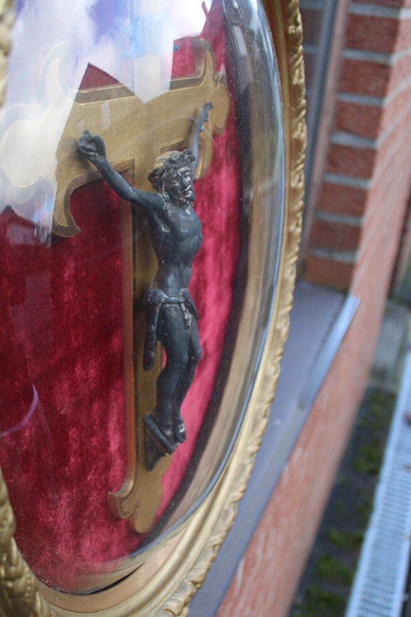 XL French 19thc ceramic chalk gold frame with crucifix behind globe red velvet