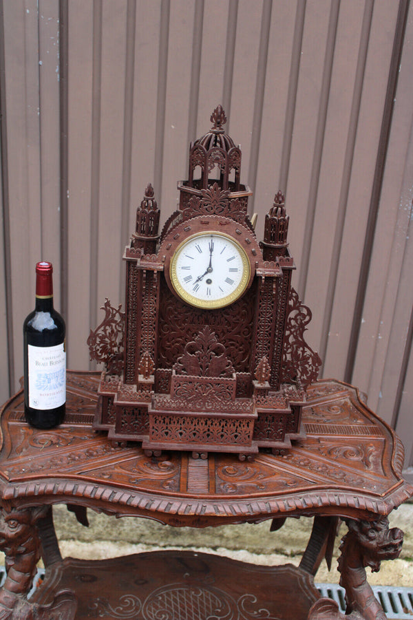 Antique wood cut neo gothic cathedral mantel clock rare