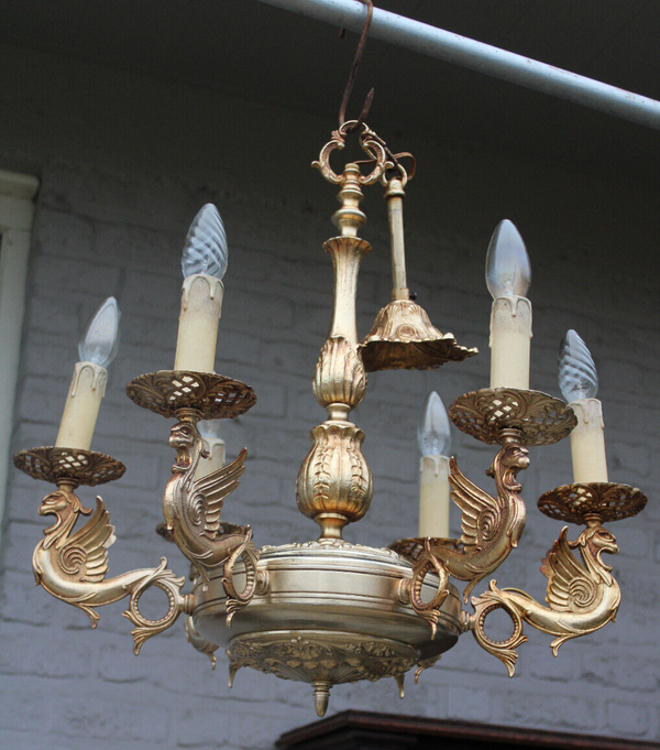 Vintage Brass Metal gold gilt Dragon chandelier castle gothic Design rare