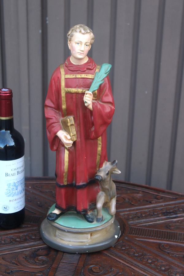 Antique rare ceramic chalk statue of saint Monon with cow