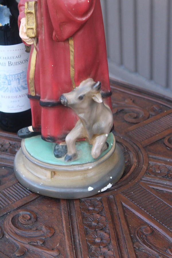 Antique rare ceramic chalk statue of saint Monon with cow