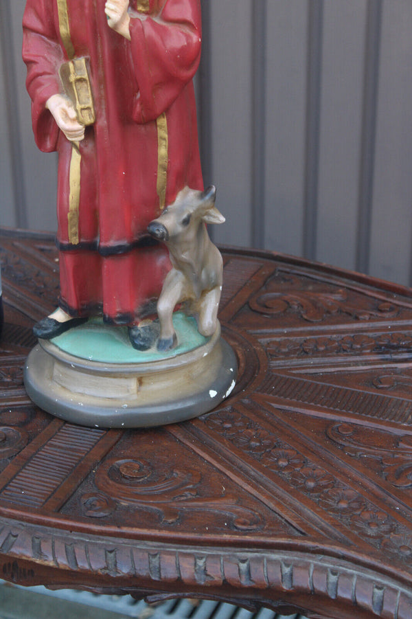 Antique rare ceramic chalk statue of saint Monon with cow