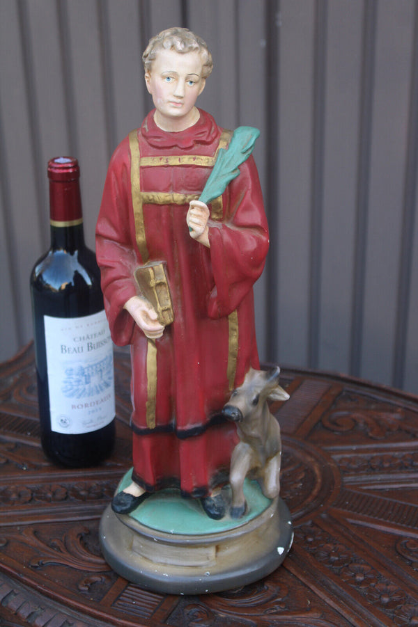 Antique rare ceramic chalk statue of saint Monon with cow