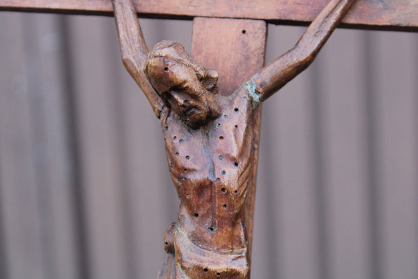 Antique 1800s Wood carved crucifix christ corpus religious