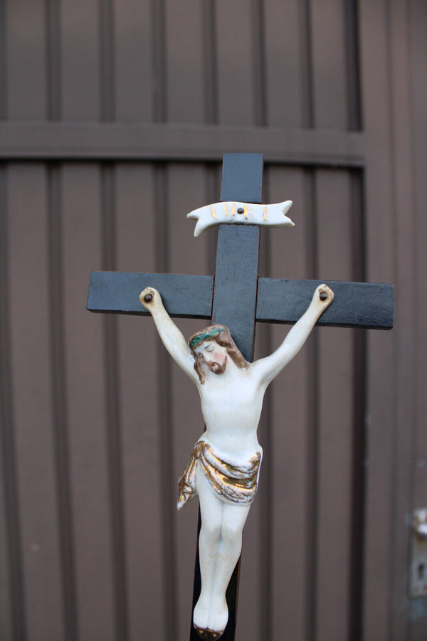 Rare antique vieux andenne bisque porcelain holy water font crucifix magdalena