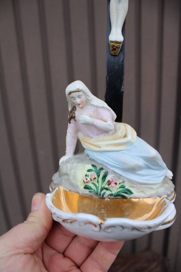 Rare antique vieux andenne bisque porcelain holy water font crucifix magdalena
