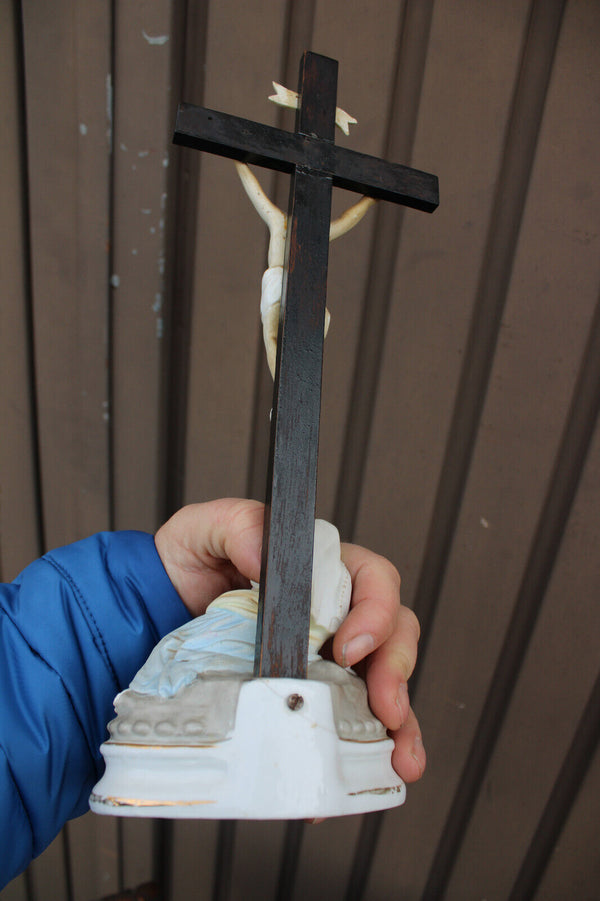 Rare antique vieux andenne bisque porcelain holy water font crucifix magdalena