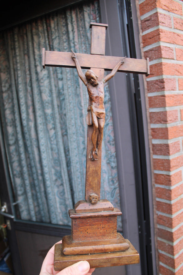 Antique 1800s Wood carved crucifix christ corpus religious