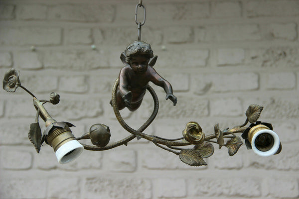 Gorgeous antique bronze french 2 arm putti angel chandelier pendant lamp