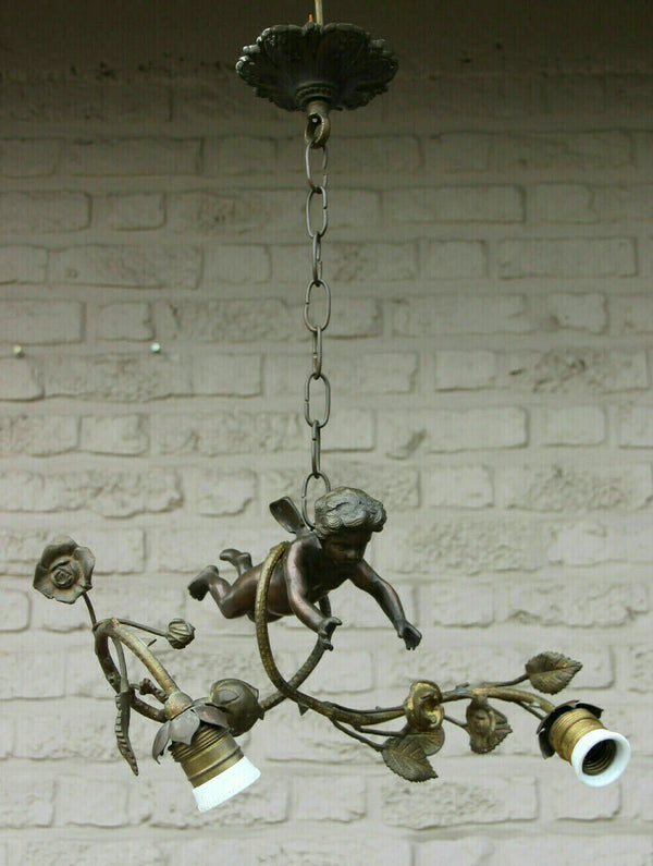 Gorgeous antique bronze french 2 arm putti angel chandelier pendant lamp