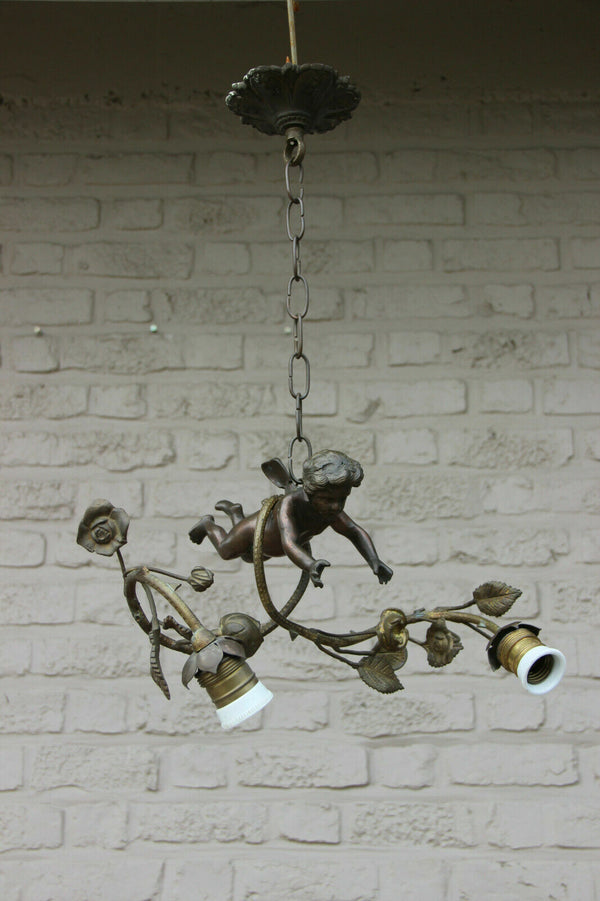 Gorgeous antique bronze french 2 arm putti angel chandelier pendant lamp