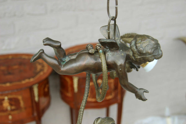 Gorgeous antique bronze french 2 arm putti angel chandelier pendant lamp