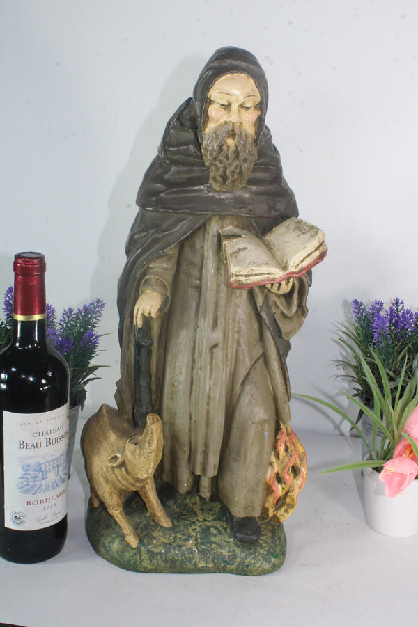 XL French antique ceramic chalk saint anthony abt pig statue figurine religious