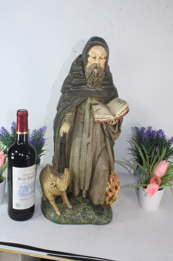 XL French antique ceramic chalk saint anthony abt pig statue figurine religious