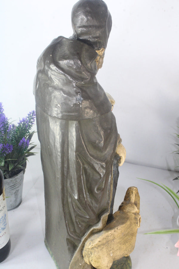 XL French antique ceramic chalk saint anthony abt pig statue figurine religious